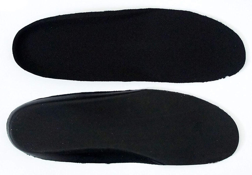 Black PU insoles displayed on a white background