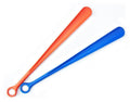 Two plastic shoehorns, each 46 cm long, in a flat position.