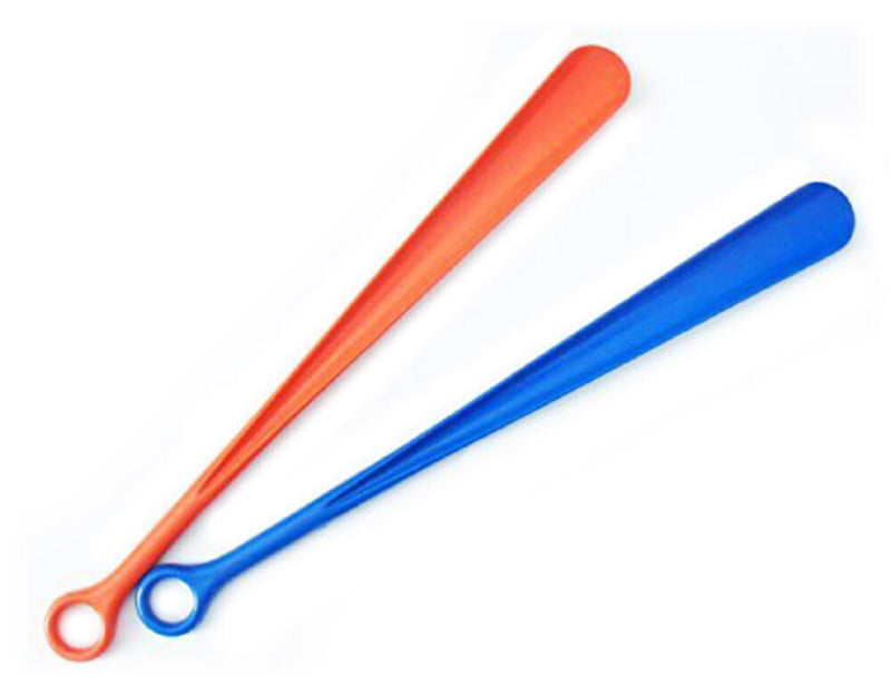 Two plastic shoehorns, each 46 cm long, in a flat position.