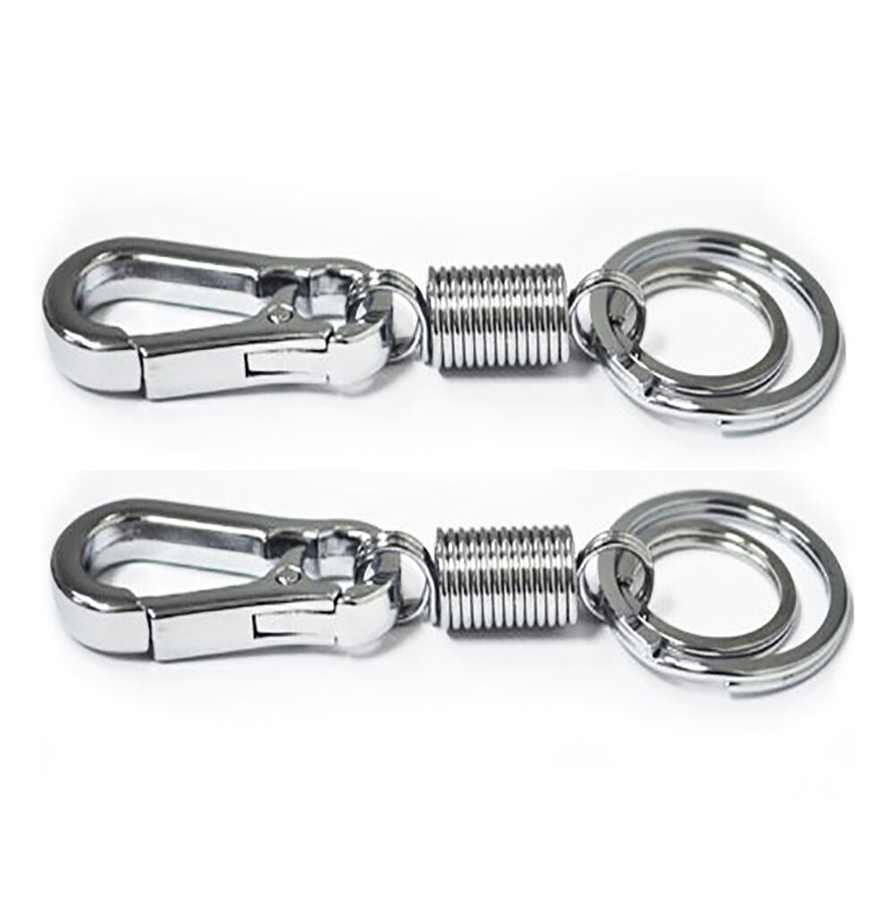 Two NO.2 solid sprung all metal double key rings displayed
