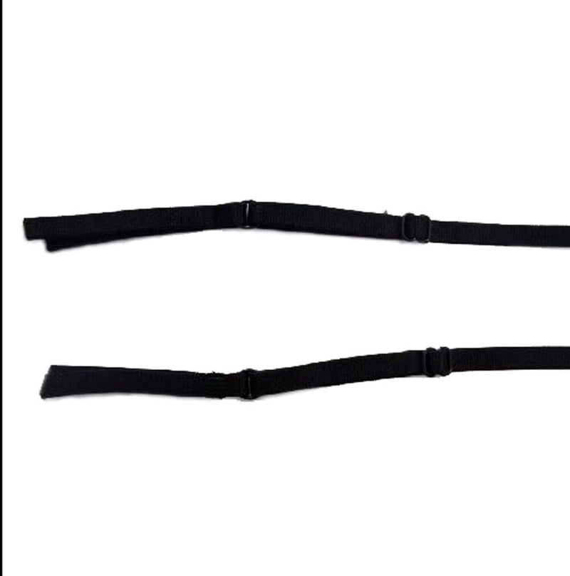 Close-up of adjustable black bra shoulder strap, 43 cm length.