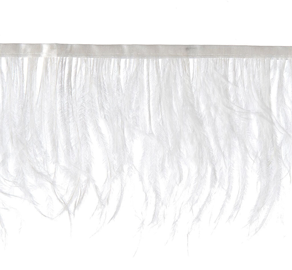 Close-up of white ostrich feather fringe trim, 3.5cm wide.