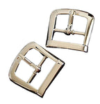 Polished silver tone belt buckles displayed on a white background.