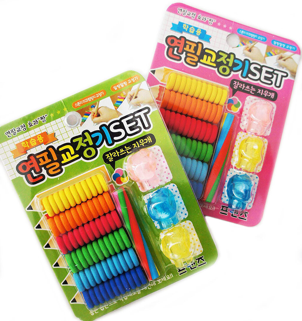 Different colours of comfort grips for writing tools