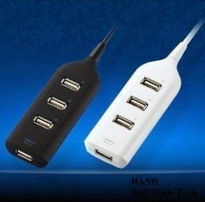 Black 4-port USB 2.0 hub with multiple device connections.