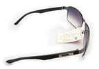 Violet lenses of the sunglasses reflecting light.