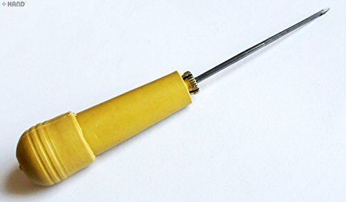 Awl in use on a canvas material for tent repair