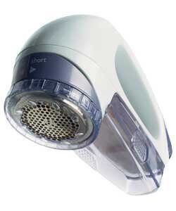 Battery powered lint remover showing the device and its features.