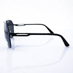Close-up view of the dark grey frame of the aviator sunglasses.