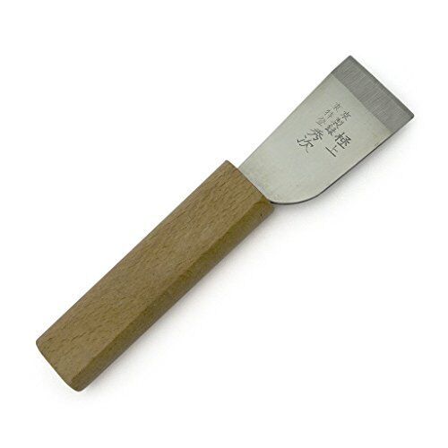 Small leather craft knife with wooden handle and stainless steel blade.