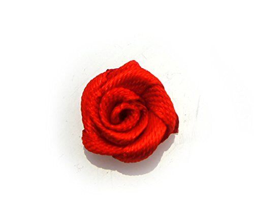 Close-up of small red ribbon rose flower sew on trims.