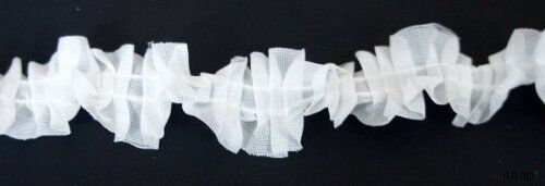 Close-up of white cotton ruffle trim showcasing its texture.