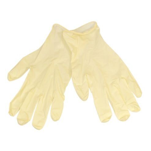 Close-up of medium duty latex gloves in a vibrant colour