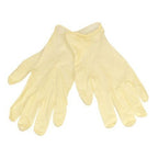 Close-up of medium duty latex gloves in a vibrant colour