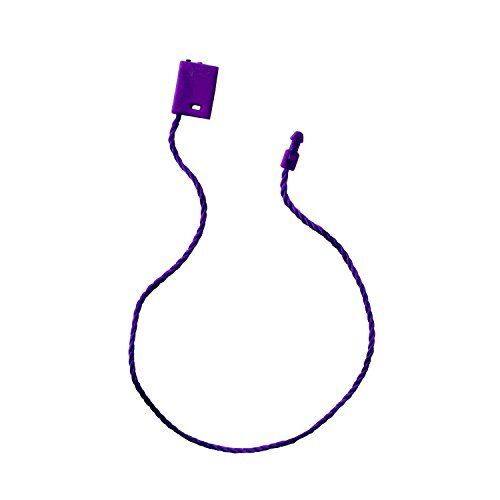 Close-up of a purple nylon string hang tag with square snap lock.