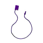 Close-up of a purple nylon string hang tag with square snap lock.