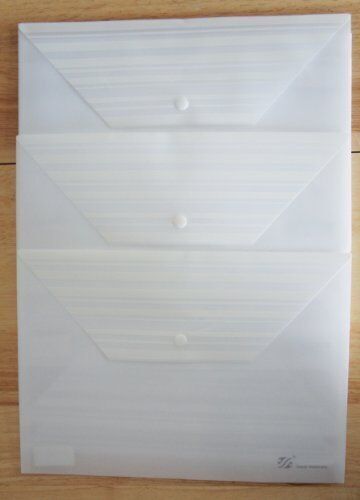 Close-up of a white snap button document wallet showing the snap closure.