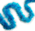Electric blue feather garland with silver trim displayed on a table.