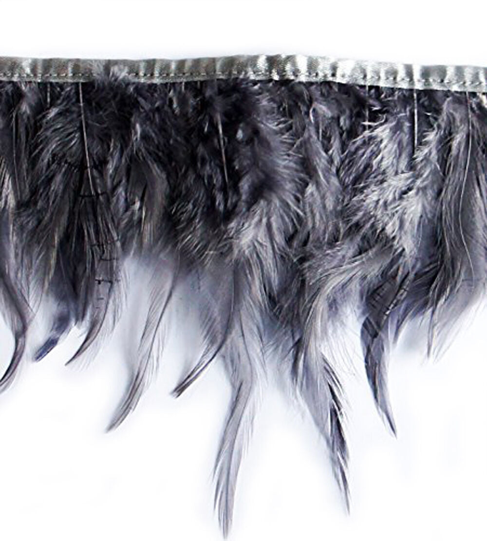Close-up of grey natural rooster feather fringe trim.