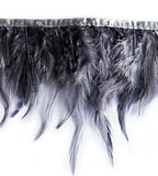 Close-up of grey natural rooster feather fringe trim.