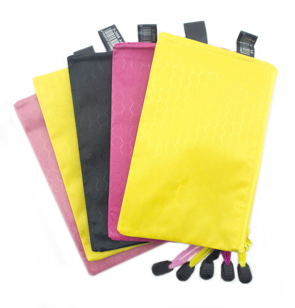 Five colourful A6 zip file bags displayed together