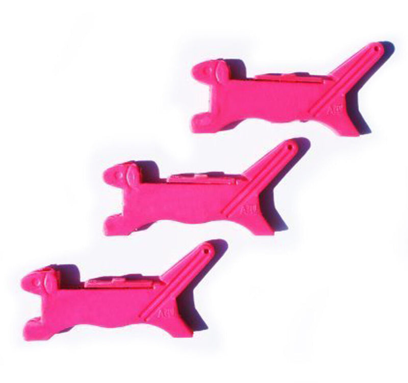 Three dog threaders in assorted colours for easy needle threading.