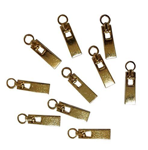 Pack of 10 gold small zip pulls with eyelet for sewing projects.