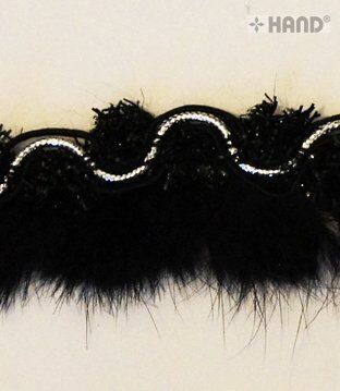 Black rabbit fur trim with silver accents on a crafting table