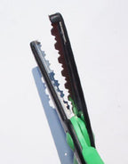 Close-up of stainless steel blades on decorative scissors