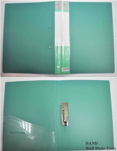 Three A4 metal clip files in assorted colours arranged neatly.