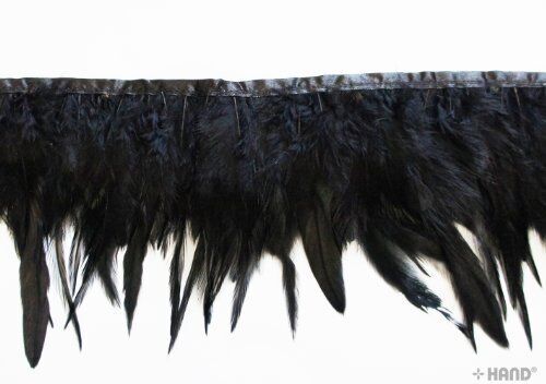 Black double layer duck feather trim displayed on a roll.