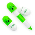 Two retractable ballpoint pens in green vitamin capsule design