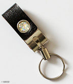 Leather wide belt loop hook keyring buckle in use on a belt.