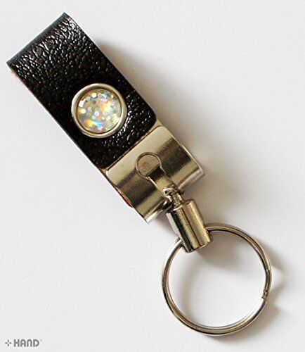 Leather wide belt loop hook keyring buckle in use on a belt.