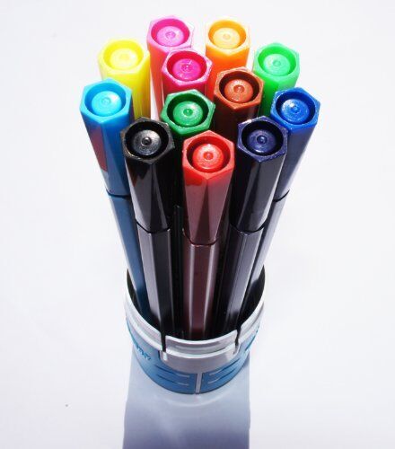 Markers displayed on a table, ideal for children's art projects