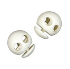 White plastic round toggle spring cord locks in assorted sizes.