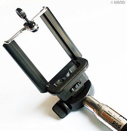 Close-up of the phone holder attached to the monopod.