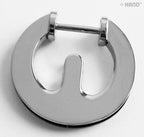 Side view of the polished silver tone round buckle.