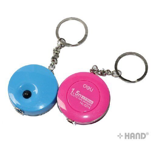 Compact design of the tape measure with keychain attachment for easy carrying.