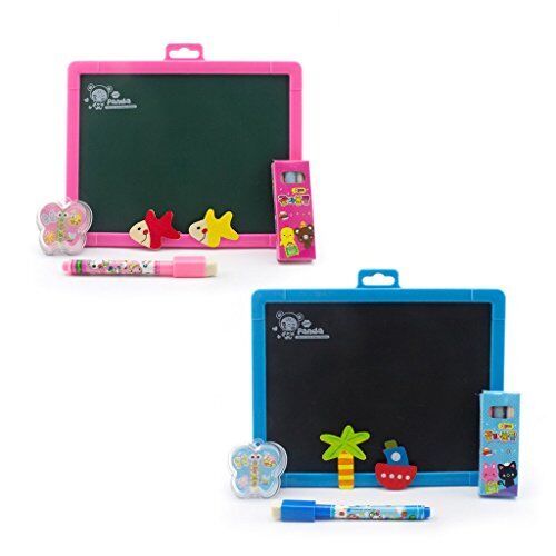 Children's drawing board with coloured chalks and eraser in pink