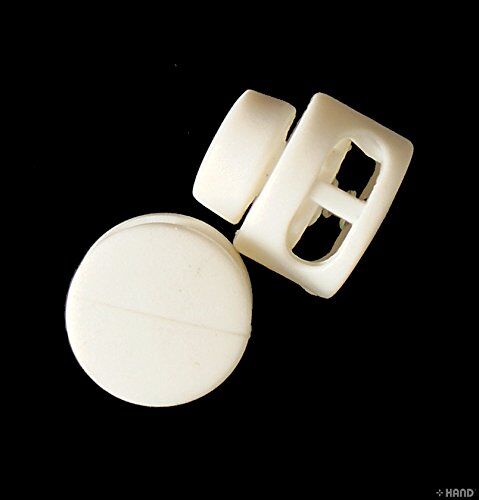 White Plastic Toggle Spring Stop Double Hole String Cord Locks - Assprted Sizes and Shapes (TW05 Small Round - pack of 18)