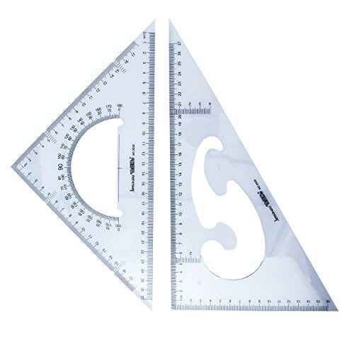 Set of 2 professional drawing triangles with protractor and French curve
