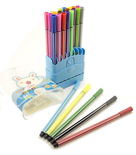 Set of 24 kids washable coloured felt tip pens in blue carry case.