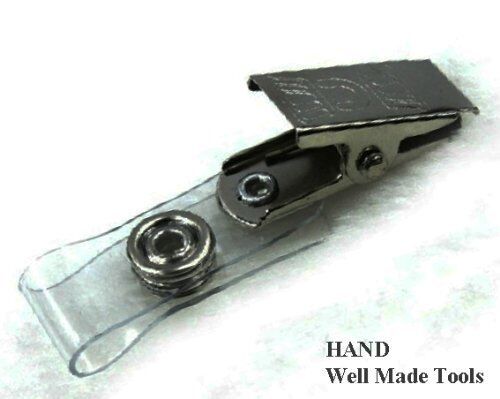 Premium metal badge clip with clear vinyl strap attached to an ID badge.