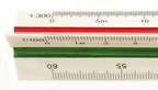 Close-up of the 1:100 scale on the triangular ruler.