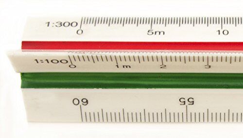 Close-up of the 1:100 scale on the triangular ruler.