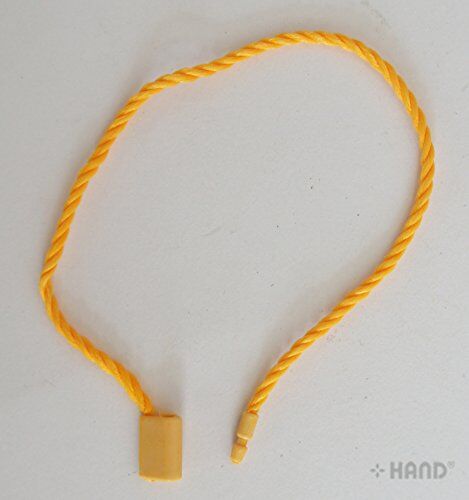 Orange hang tag strings shown in use on various items.