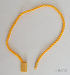 Orange hang tag strings shown in use on various items.