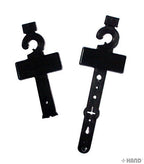 Close-up of a No.12 plastic black belt display hanger showing the hook design.