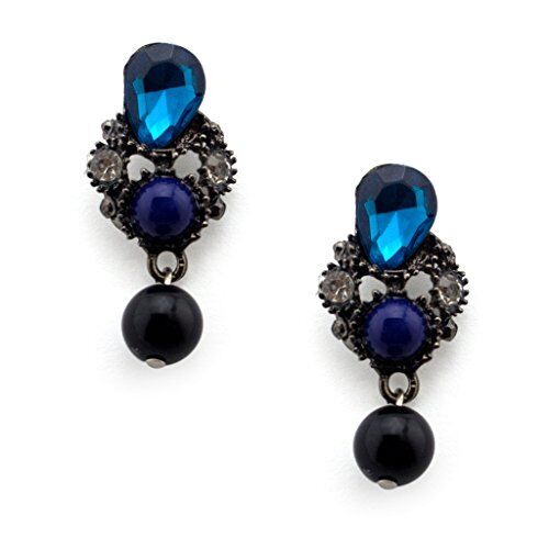 Two blue black bead and crystal brooch pins in antique silver setting